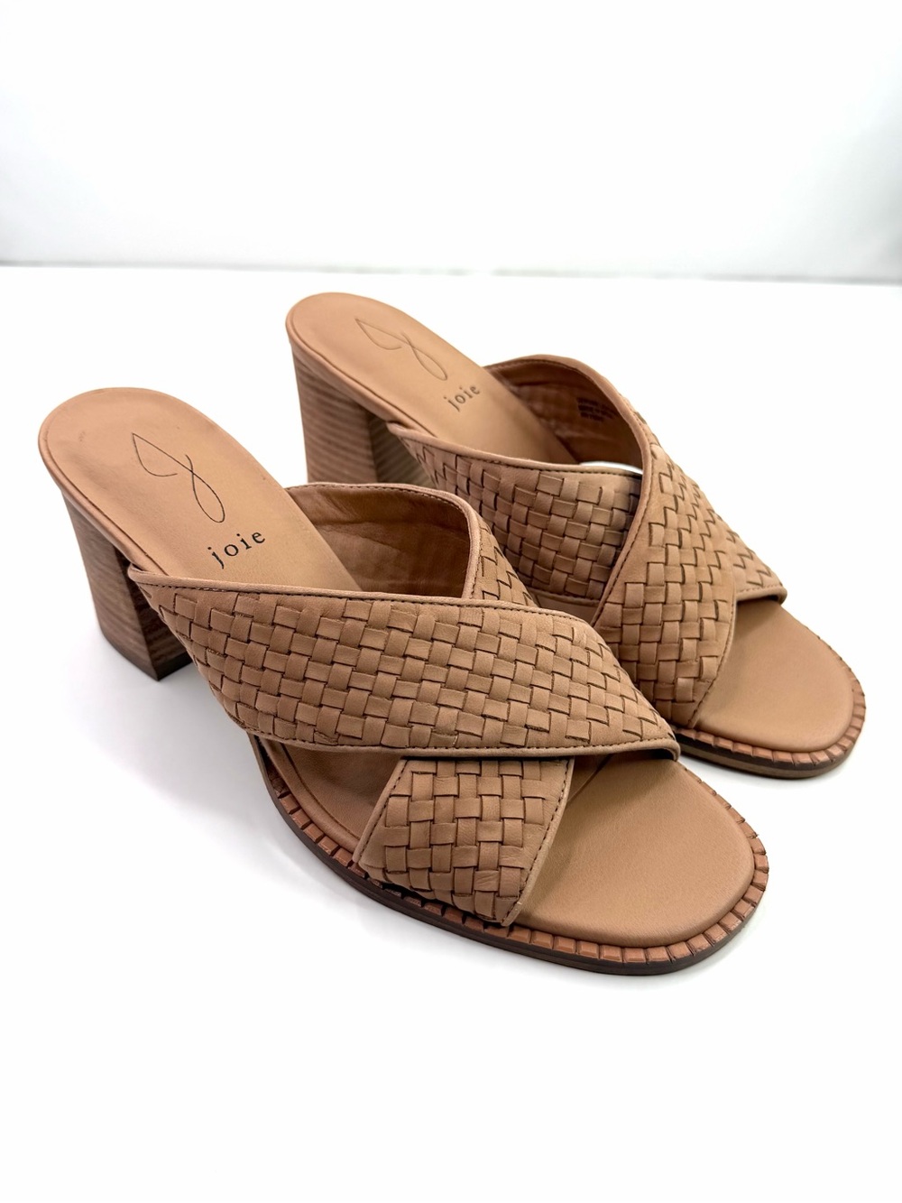 Joie Tan Brown Woven Leather Block Heel Mule